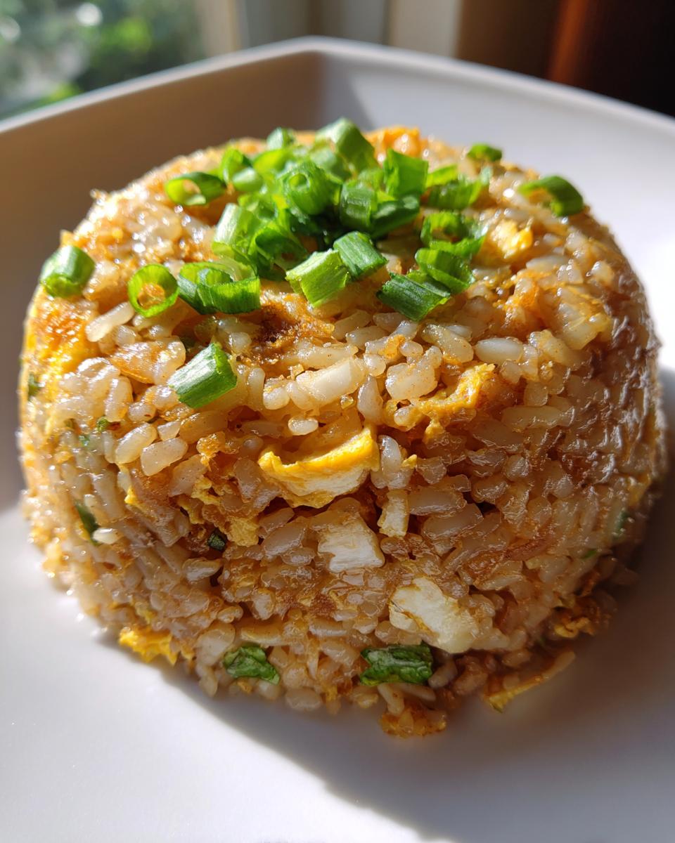 A perfectly molded serving of egg fried cauliflower rice topped with fresh chopped green onions.