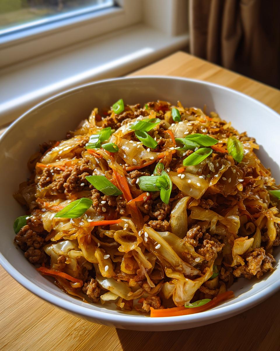 A close-up of a white bowl filled with savory egg roll in a bowl, featuring ground meat, cabbage, carrots, and green onions.