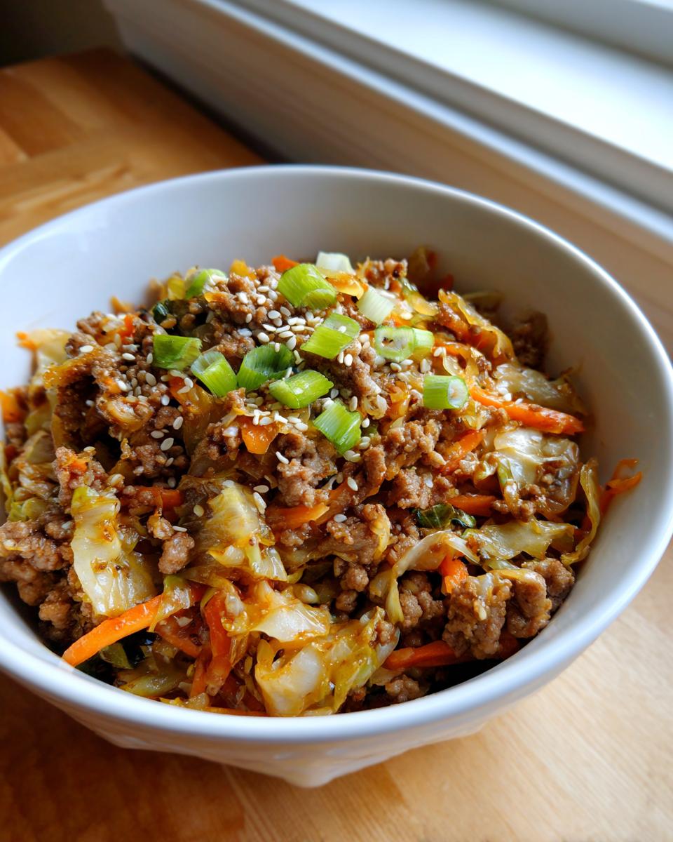 A close-up of a white bowl filled with savory egg roll in a bowl mixture, topped with green onions and sesame seeds.