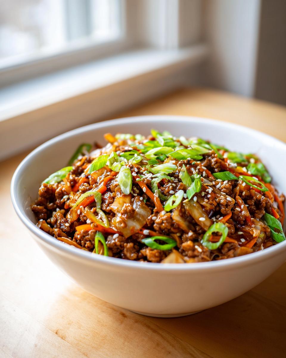 A white bowl filled with savory egg roll in a bowl mixture, topped generously with sliced green onions and sesame seeds.