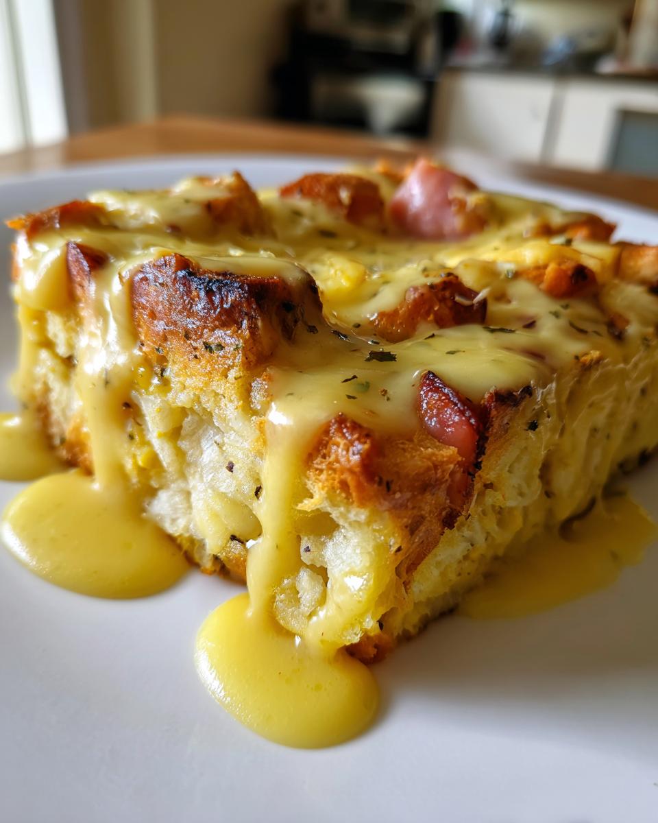 Close-up of a serving of eggs benedict casserole topped generously with dripping hollandaise sauce.