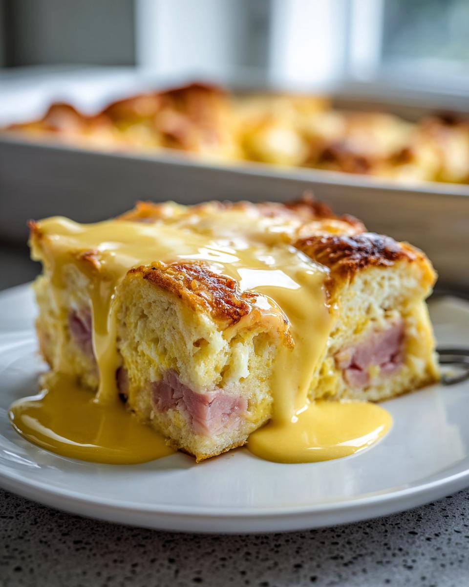 A square serving of rich eggs benedict casserole layered with ham, topped generously with bright yellow hollandaise sauce.
