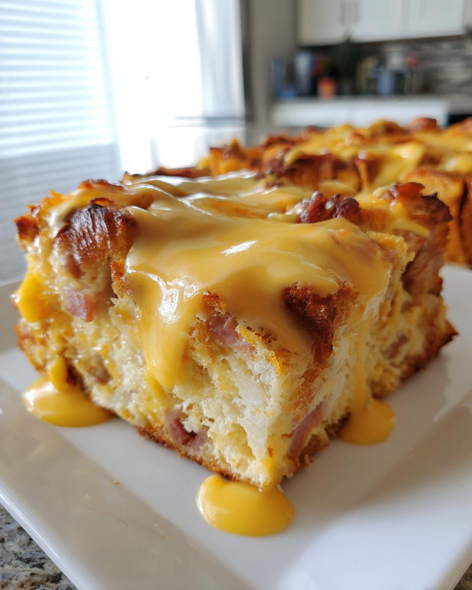 A close-up of a slice of Eggs Benedict Casserole topped with rich, dripping hollandaise sauce.