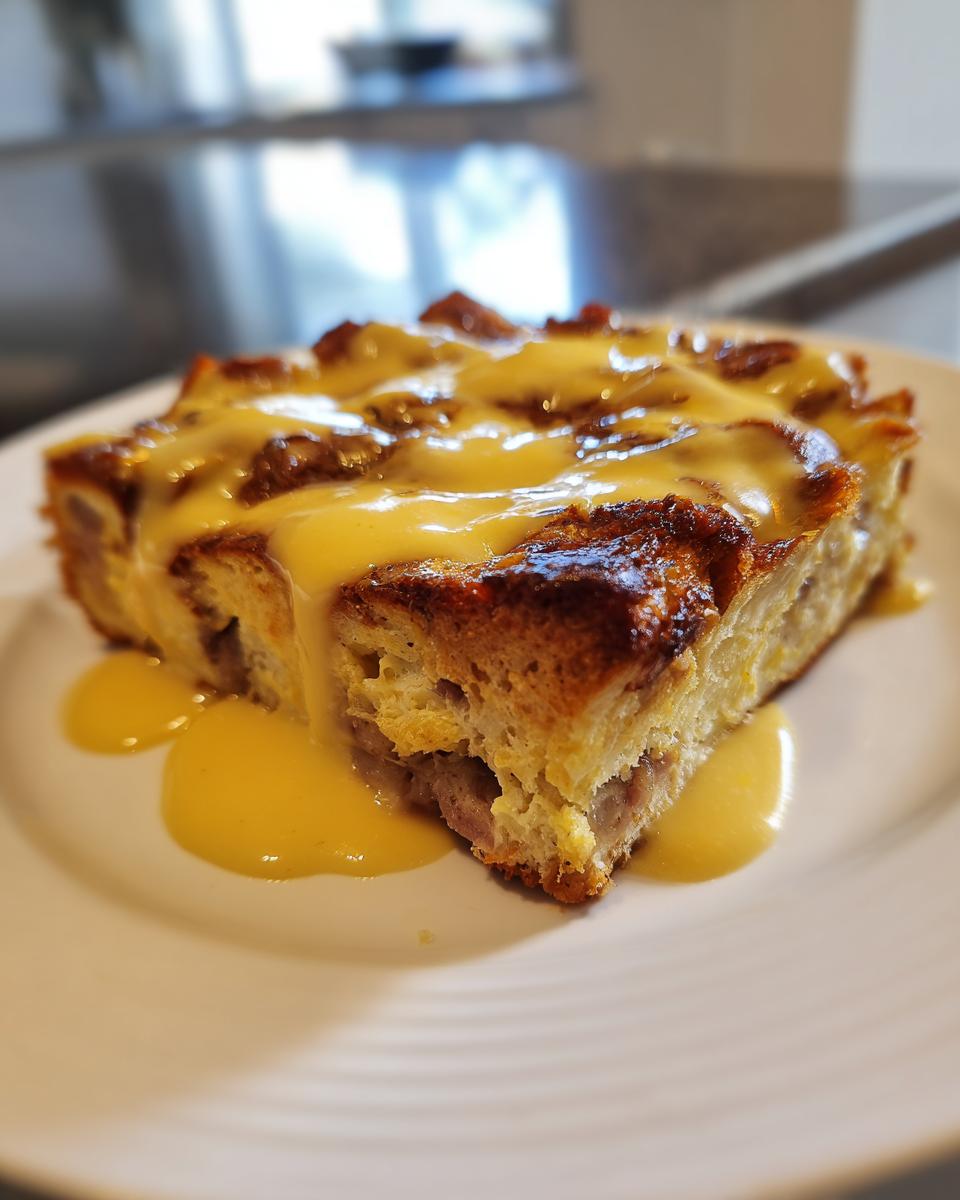 A square serving of baked eggs benedict casserole topped generously with bright yellow hollandaise sauce on a white plate.