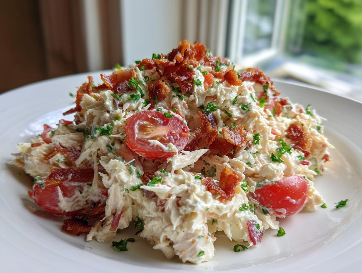 A mound of creamy blt chicken salad topped with crispy bacon bits and halved cherry tomatoes.
