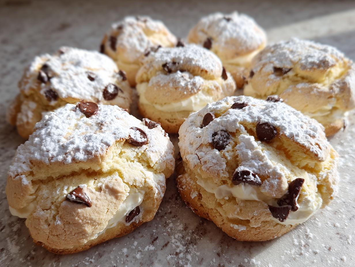 A close-up of several freshly baked cannoli cookies, split and filled with cream, topped with chocolate chips and powdered sugar.