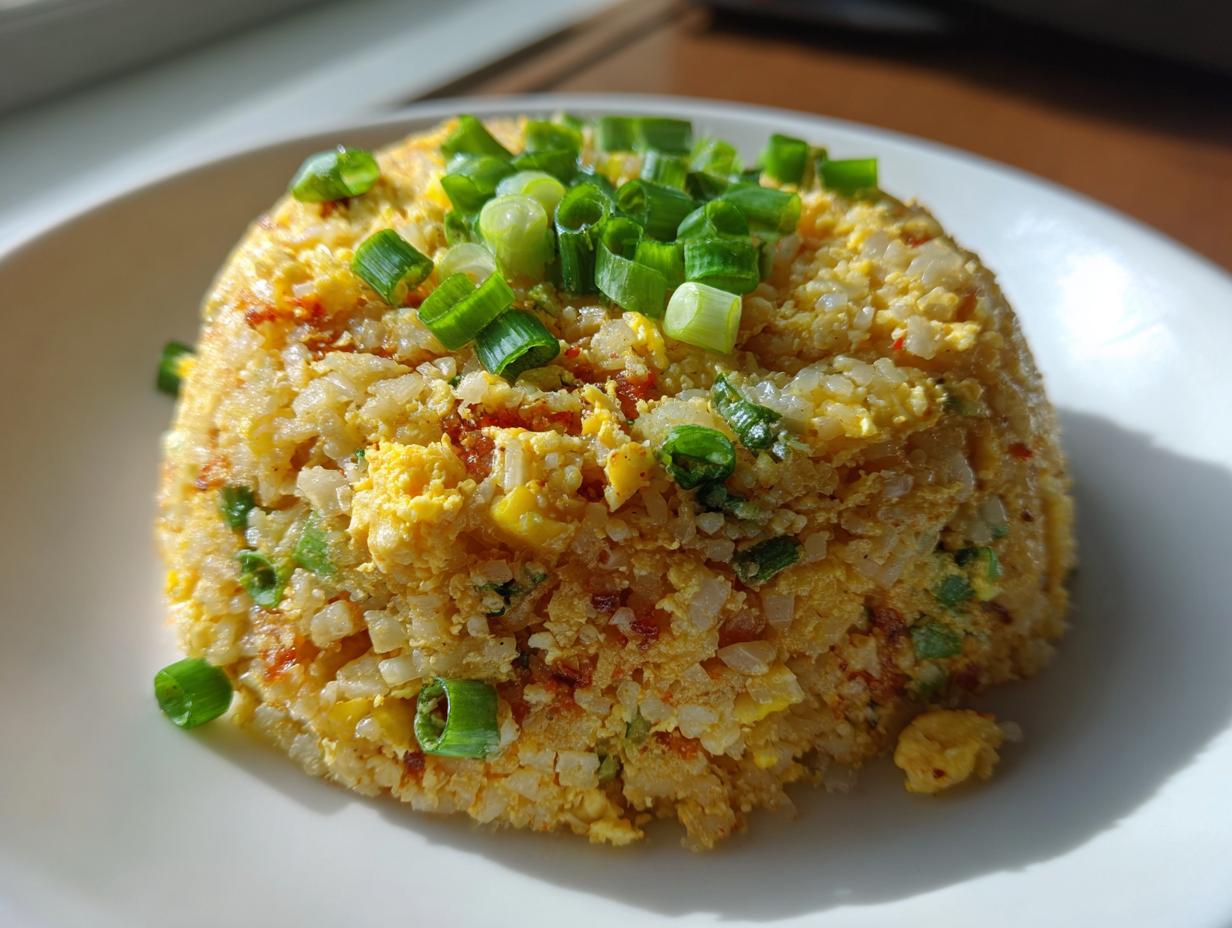 A mound of golden cauliflower rice mixed with scrambled egg and topped with fresh green scallions.