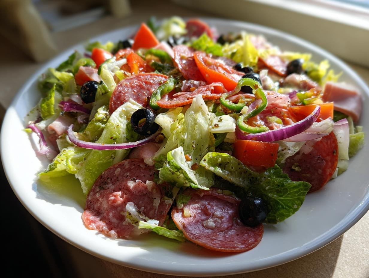 A vibrant close-up of a fresh grinder salad featuring salami, ham, lettuce, tomatoes, olives, and red onion.