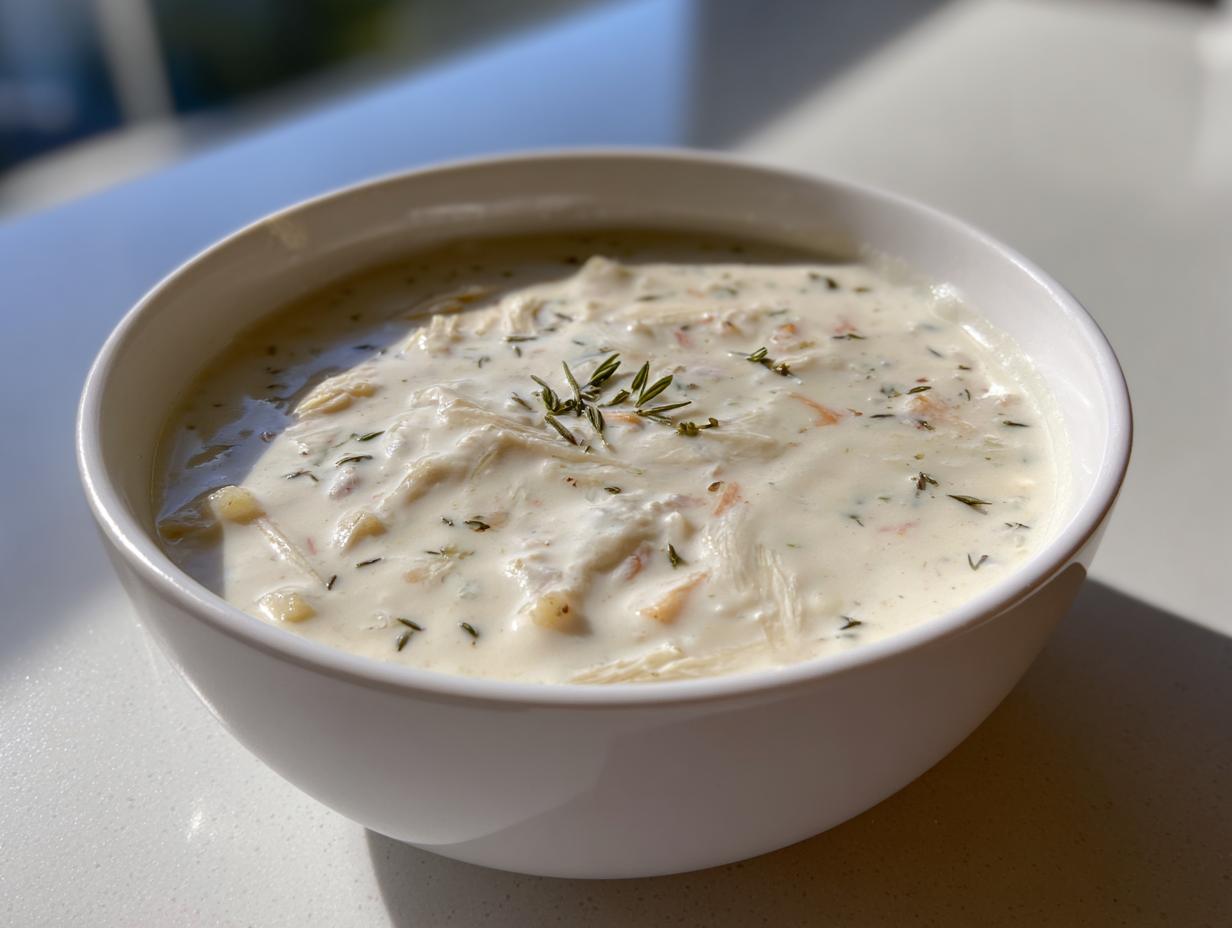 Close-up of a white bowl filled with rich, creamy homemade cream of chicken soup, garnished with fresh thyme.
