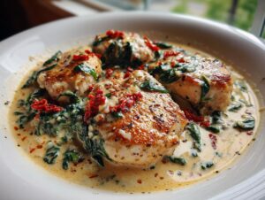 Four pieces of seared marry me chicken served in a rich, creamy sauce with spinach and sun-dried tomatoes.
