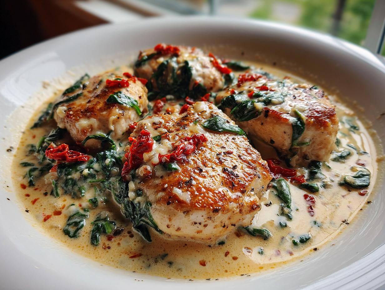 Four pieces of seared marry me chicken served in a rich, creamy sauce with spinach and sun-dried tomatoes.