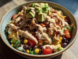 Close-up of a hearty southwest salad bowl topped with shredded chicken, avocado, and creamy dressing.
