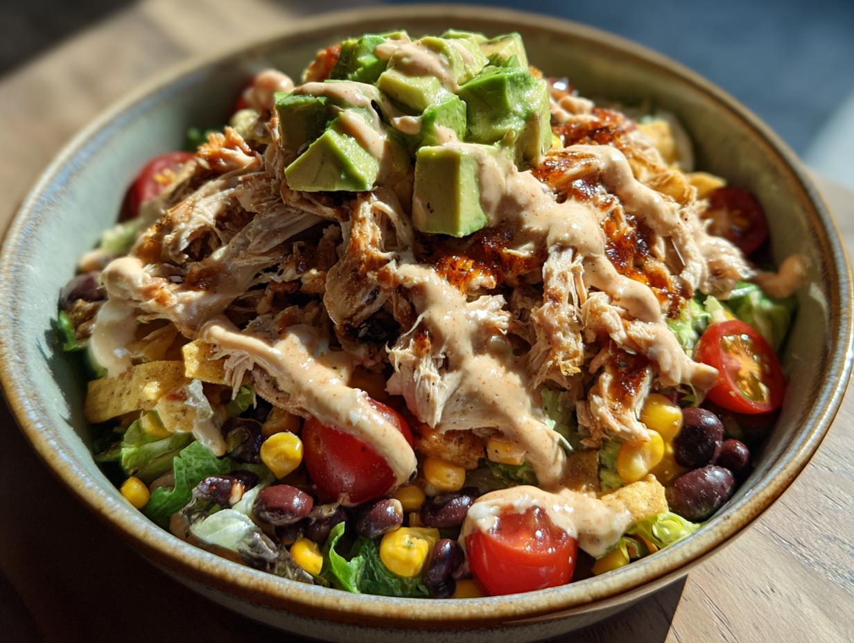 Close-up of a hearty southwest salad bowl topped with shredded chicken, avocado, and creamy dressing.