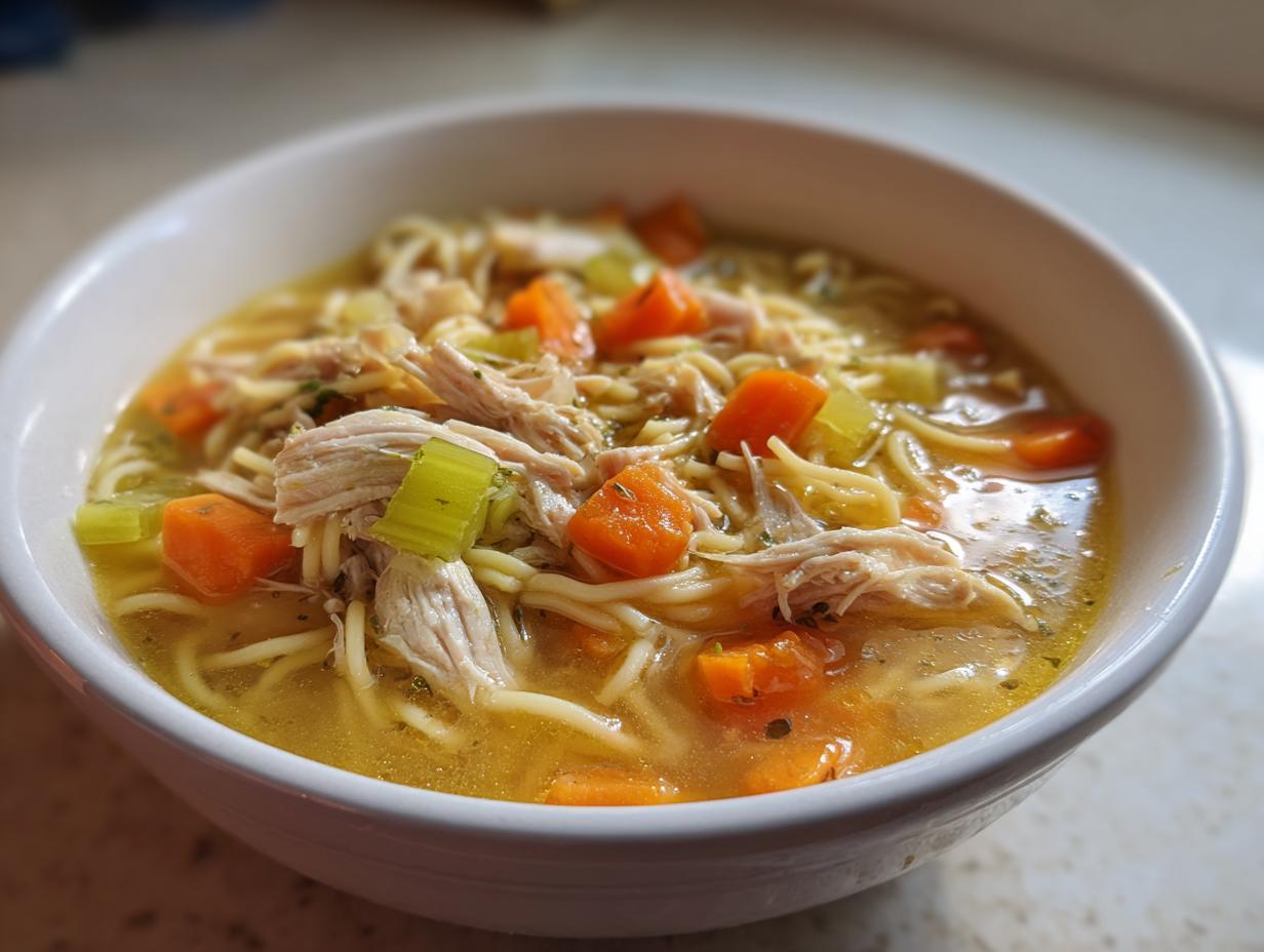 Close-up of a white bowl filled with steaming turkey noodle soup, featuring shredded turkey, egg noodles, carrots, and celery.