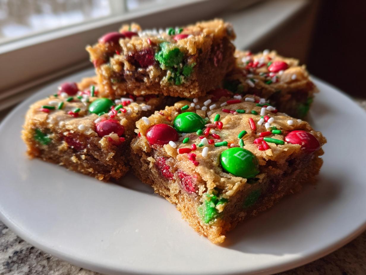 Close-up of four rich Christmas cookie bars topped with red and green M&Ms and festive sprinkles.