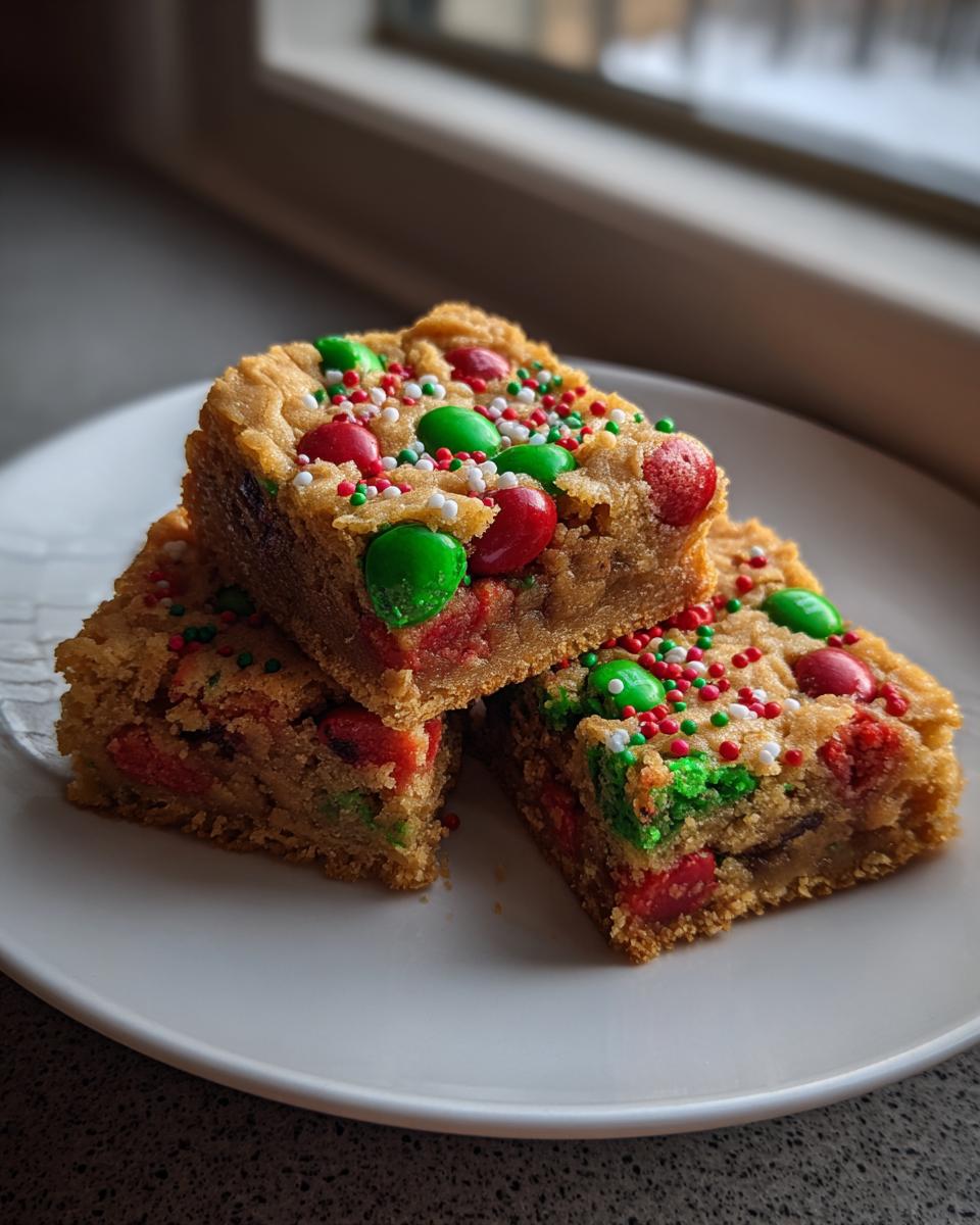Three thick, chewy christmas cookie bars topped with red and green M&Ms and festive sprinkles, stacked on a white plate.