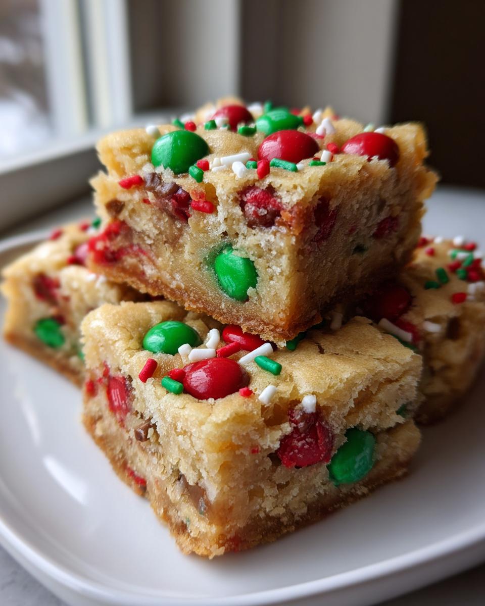 Close-up of stacked, chewy Christmas cookie bars loaded with red and green M&Ms and sprinkles.