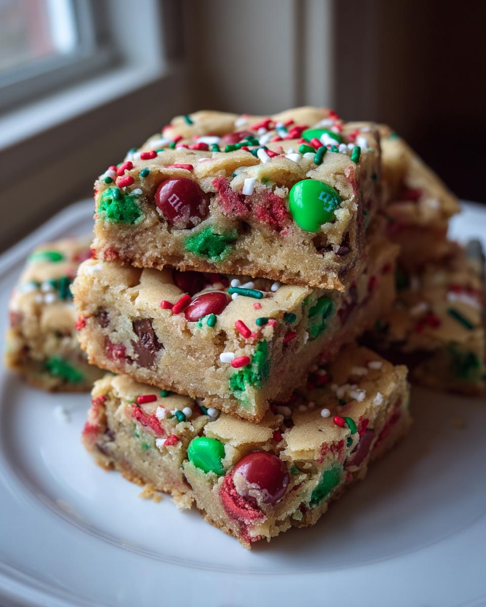 Stack of three rich, chewy christmas cookie bars topped with red and green M&Ms and sprinkles.