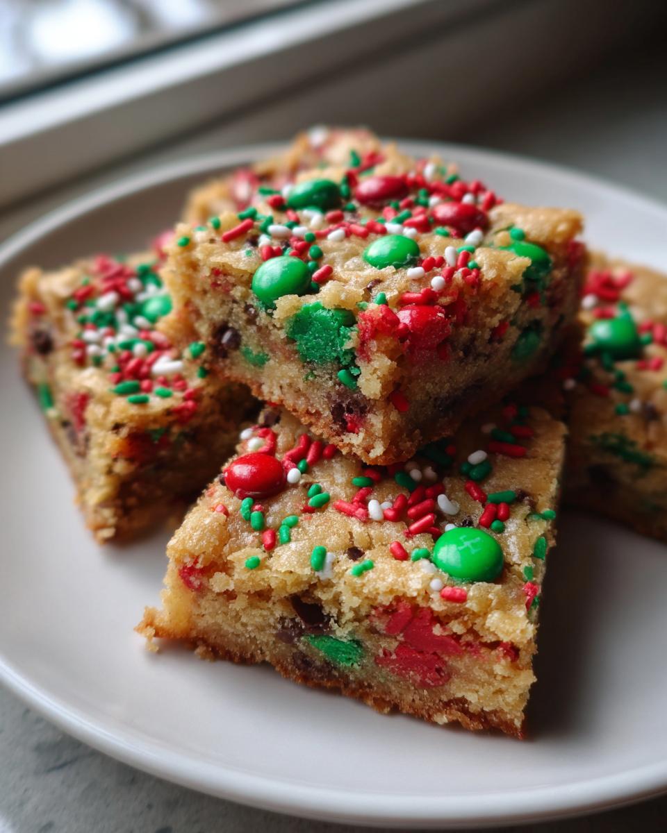 Close-up of stacked Christmas cookie bars topped with red and green M&Ms and festive sprinkles.