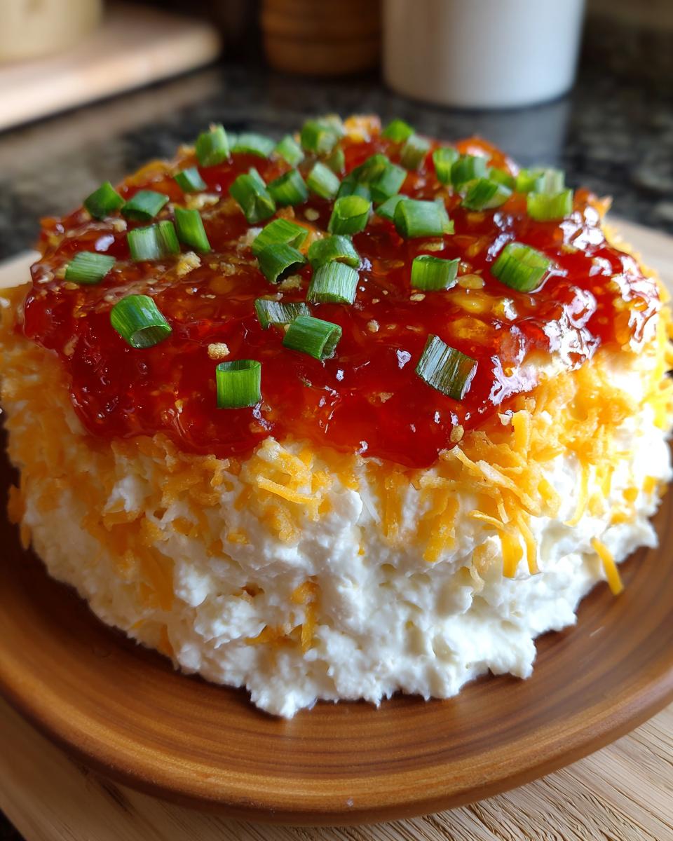 A molded block of pepper jelly cheese dip topped with red pepper jelly, shredded cheddar, and chopped green onions.