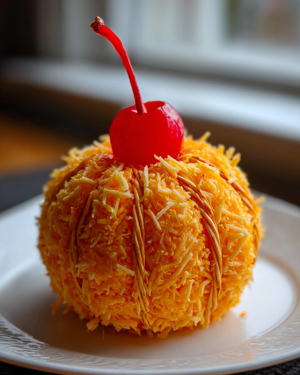 A finished pumpkin cheese ball coated in shredded cheese and decorated with twine and a bright red maraschino cherry on top.