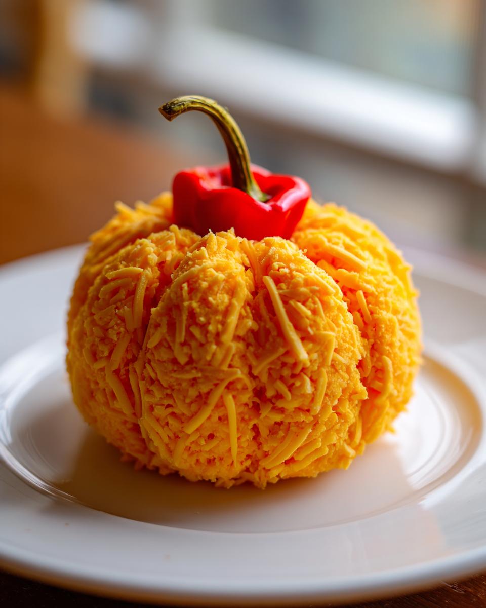 A bright orange pumpkin cheese ball coated in shredded cheese and topped with a small red pepper stem.