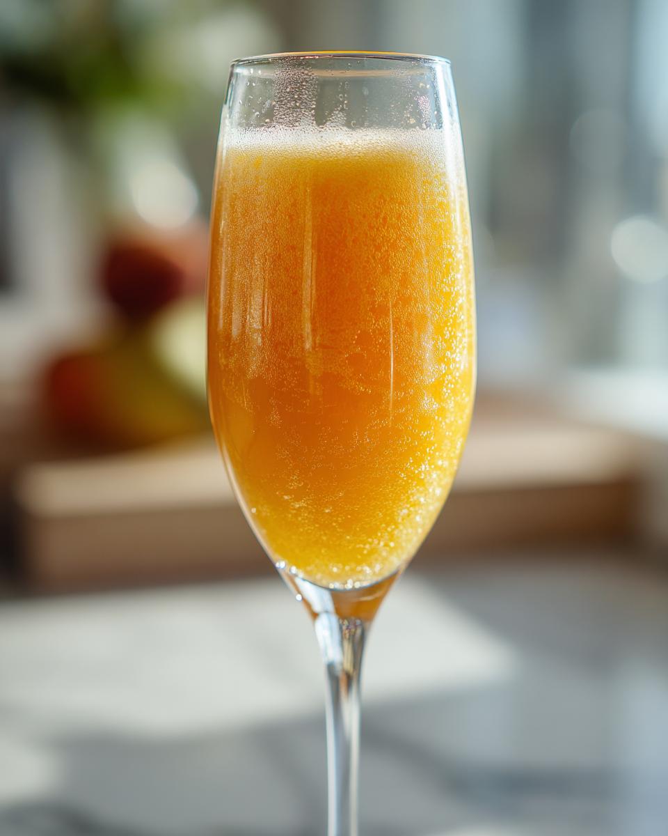 Close-up of a fizzy, orange bellini recipe cocktail served in a tall champagne flute.