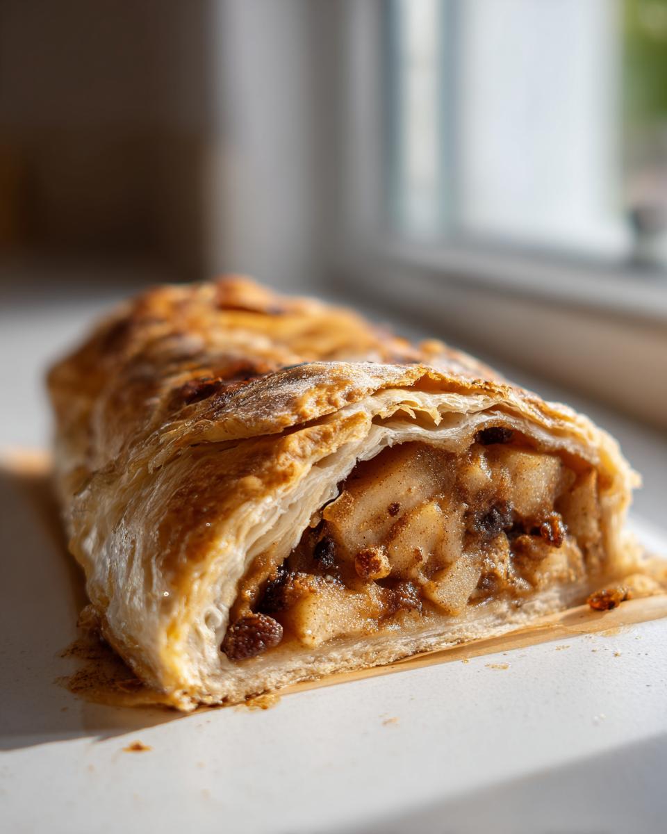 Cross-section of a golden, flaky apple strudel showing spiced apple slices and raisins inside.