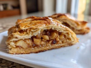A close-up cross-section of a slice of flaky apple strudel showing warm, spiced apple filling.
