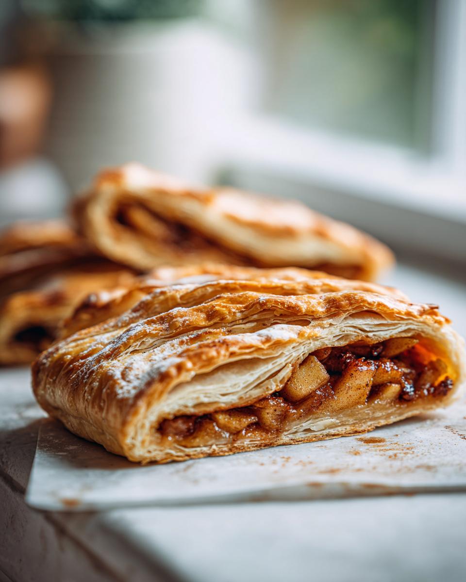 A cross-section of a flaky, golden-brown apple strudel dusted with powdered sugar, showing the spiced apple filling.