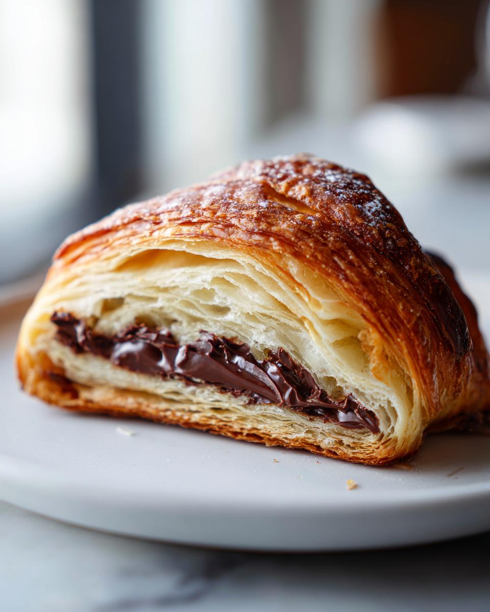 Close-up of a flaky, golden-brown chocolate croissant cut in half, revealing melted chocolate filling, dusted with powdered sugar.
