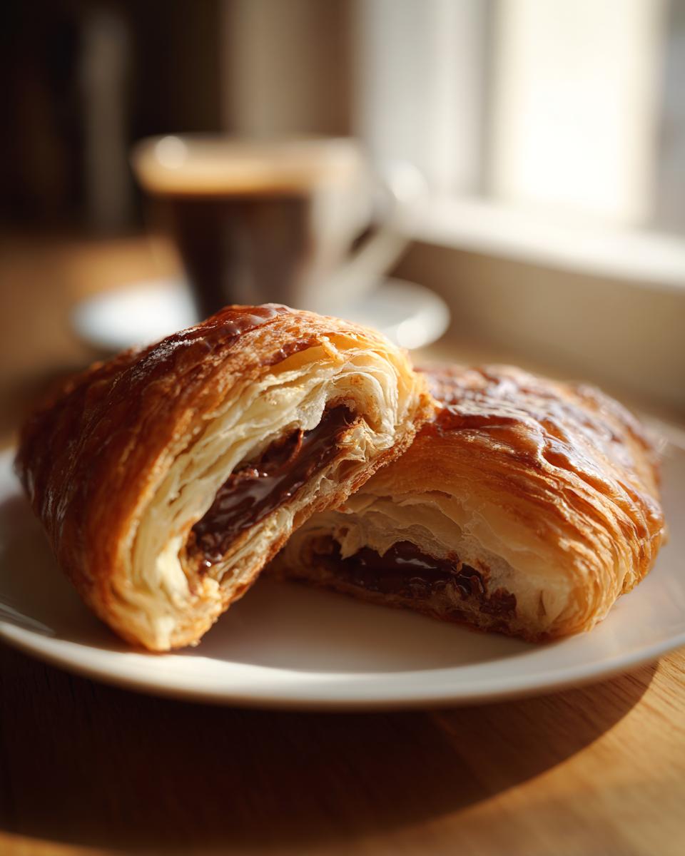 A flaky, golden-brown chocolate croissant cut in half, revealing melted chocolate filling, served on a white plate near a cup of coffee.