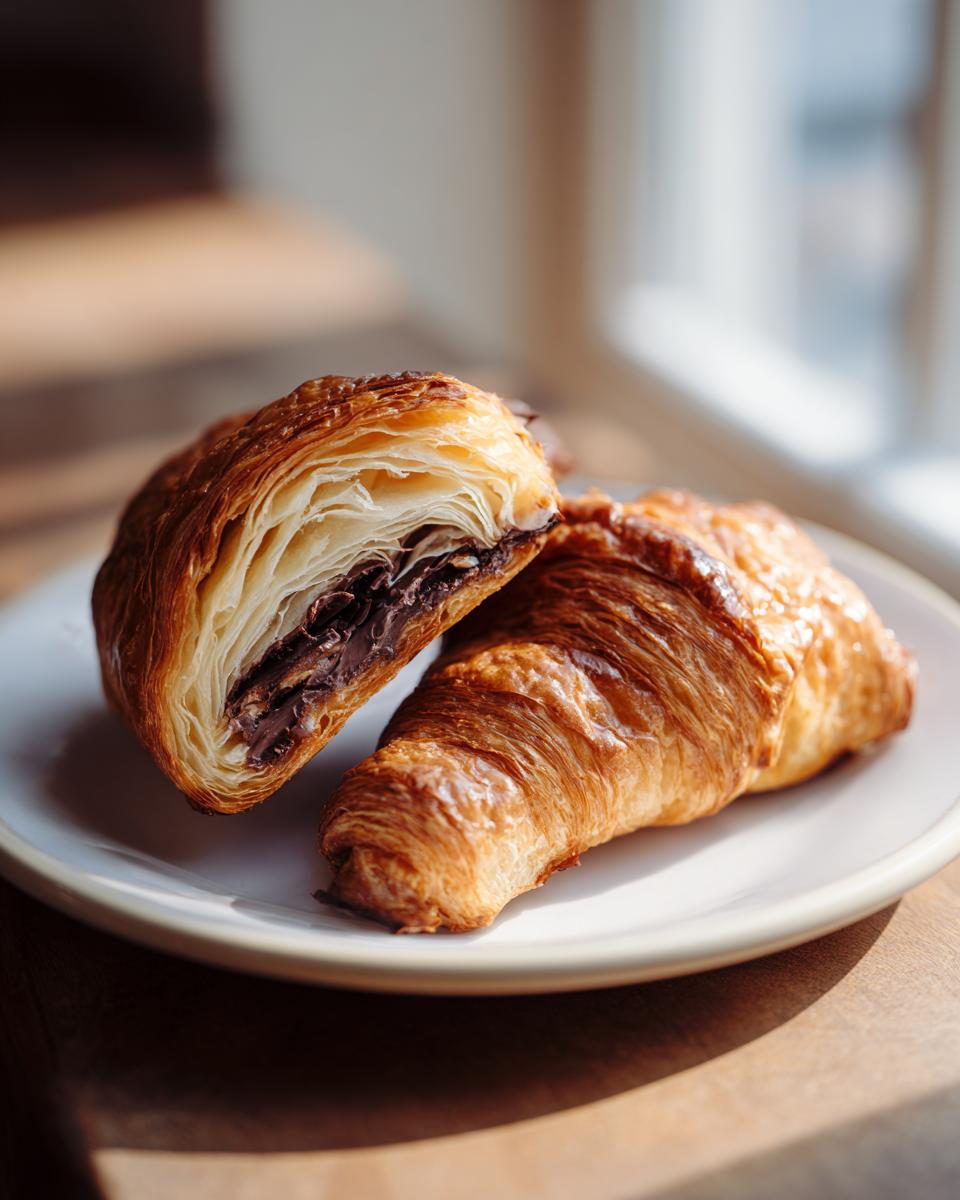 A flaky, golden-brown chocolate croissant cut in half, revealing rich chocolate filling, served on a white plate.
