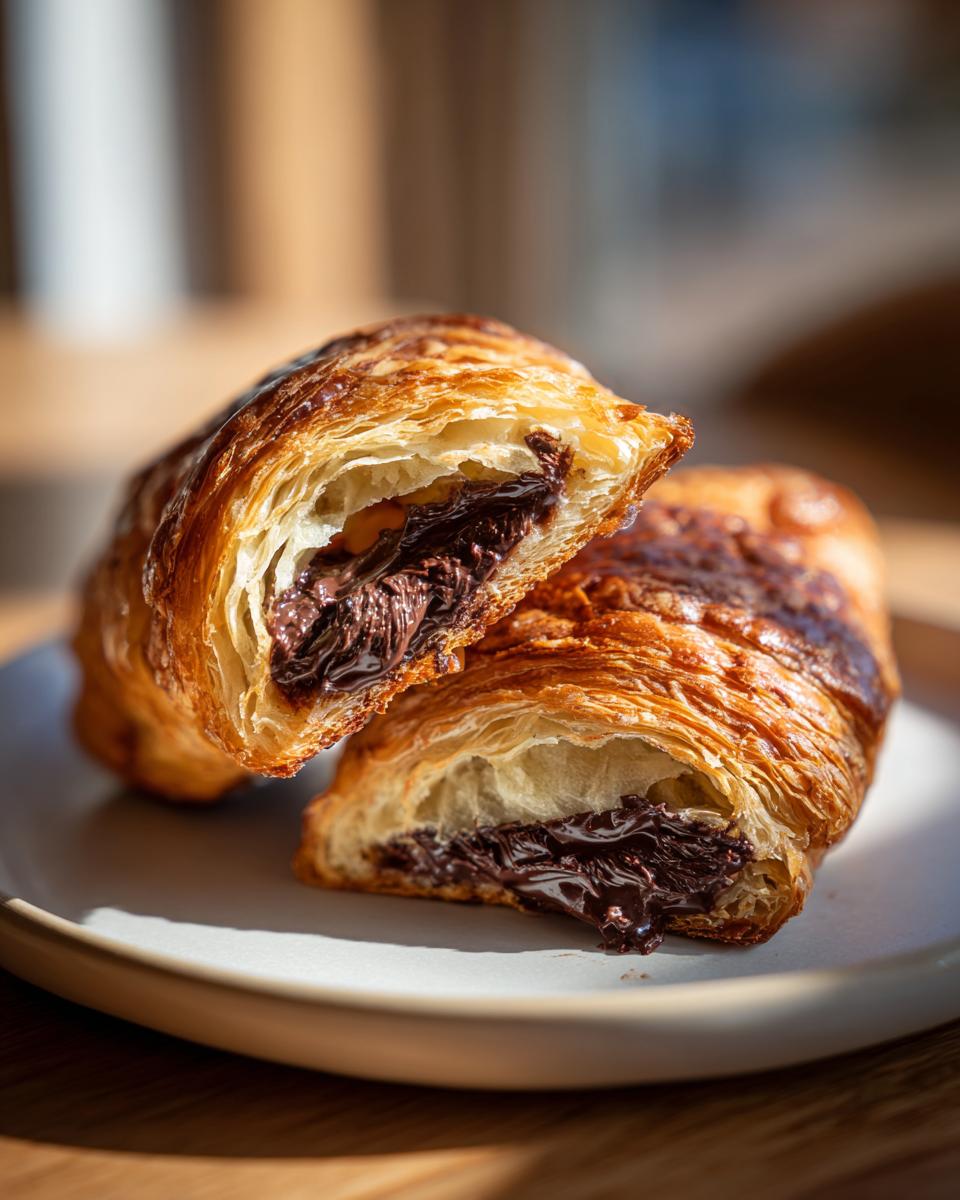 A flaky, golden-brown chocolate croissant cut in half revealing molten chocolate filling.