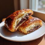 A golden brown chocolate croissant cut in half revealing rich, melted chocolate filling inside the flaky layers.