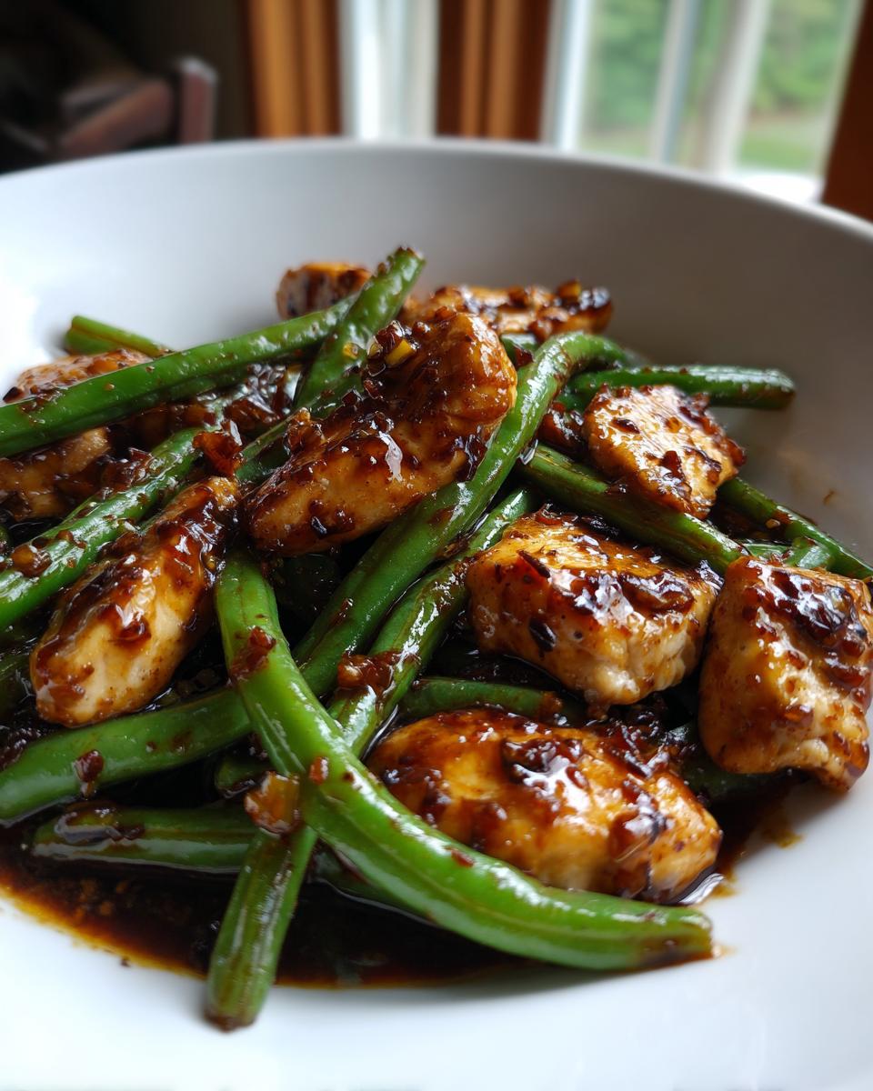 Close-up of tender chicken pieces and bright green beans coated in a rich, dark sauce in a white bowl, featuring chicken and green beans.