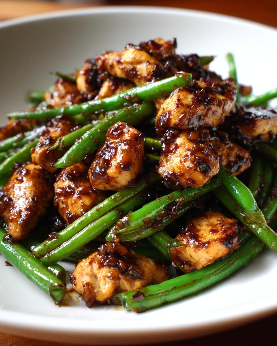 Close-up of bite-sized pieces of chicken coated in a dark glaze mixed with bright green beans, a perfect chicken and green beans skillet.