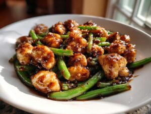 Close-up of bite-sized pieces of chicken coated in a dark, glossy sauce mixed with bright green beans in a white bowl, featuring the chicken and green beans.
