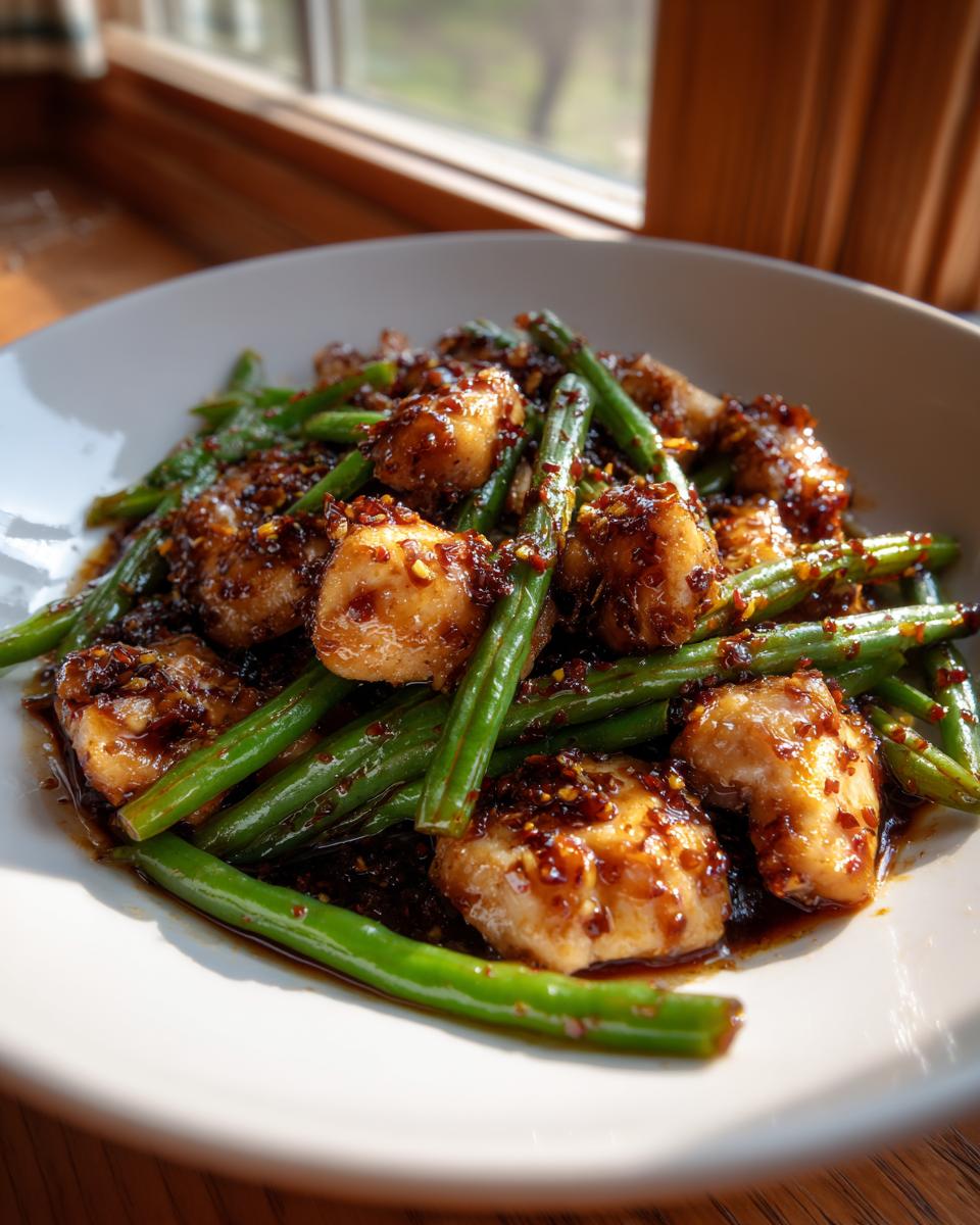 Close-up of a white bowl filled with glossy, saucy chicken and green beans, featuring a spicy chili glaze.