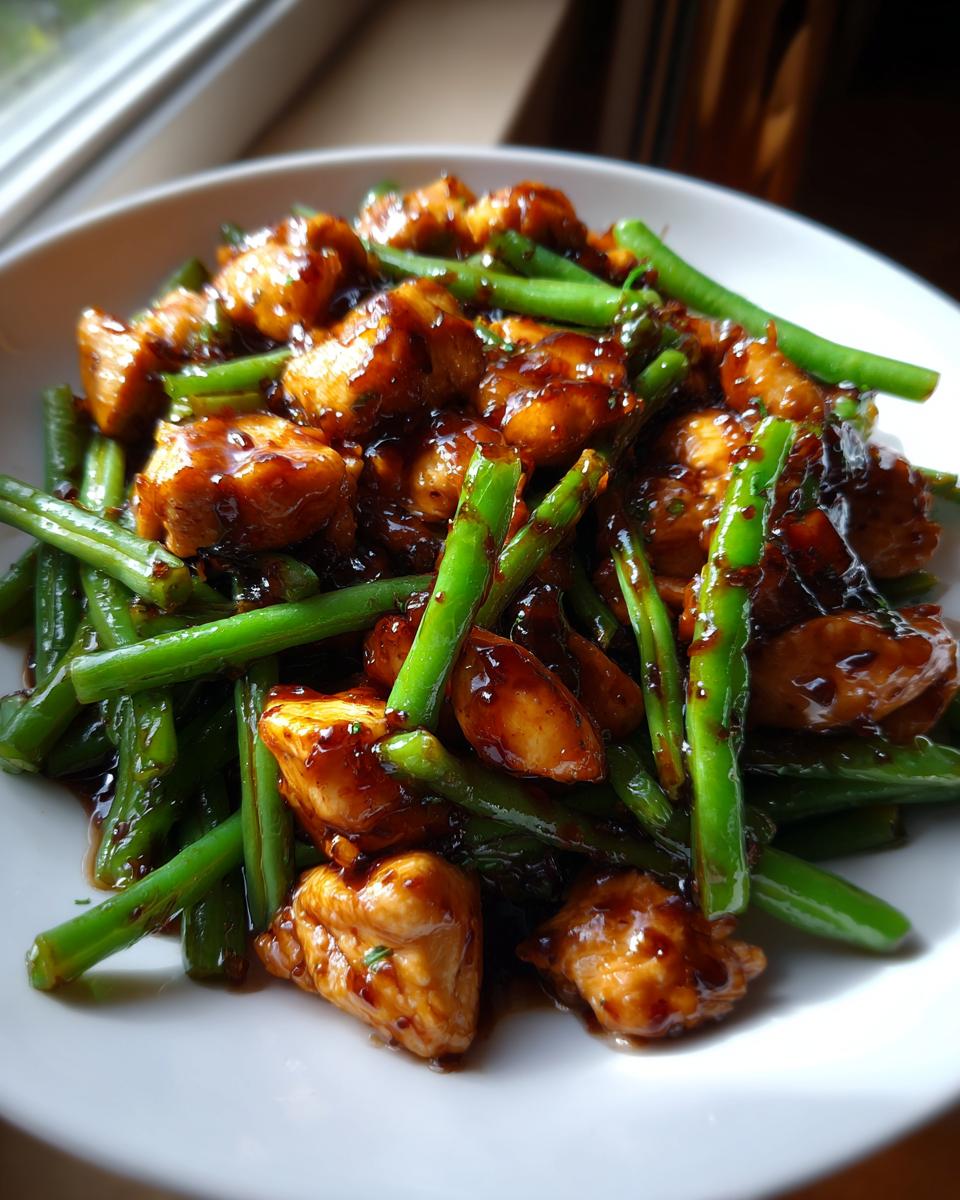 Close-up of bite-sized pieces of chicken and bright green beans coated in a savory brown sauce, ready to eat.