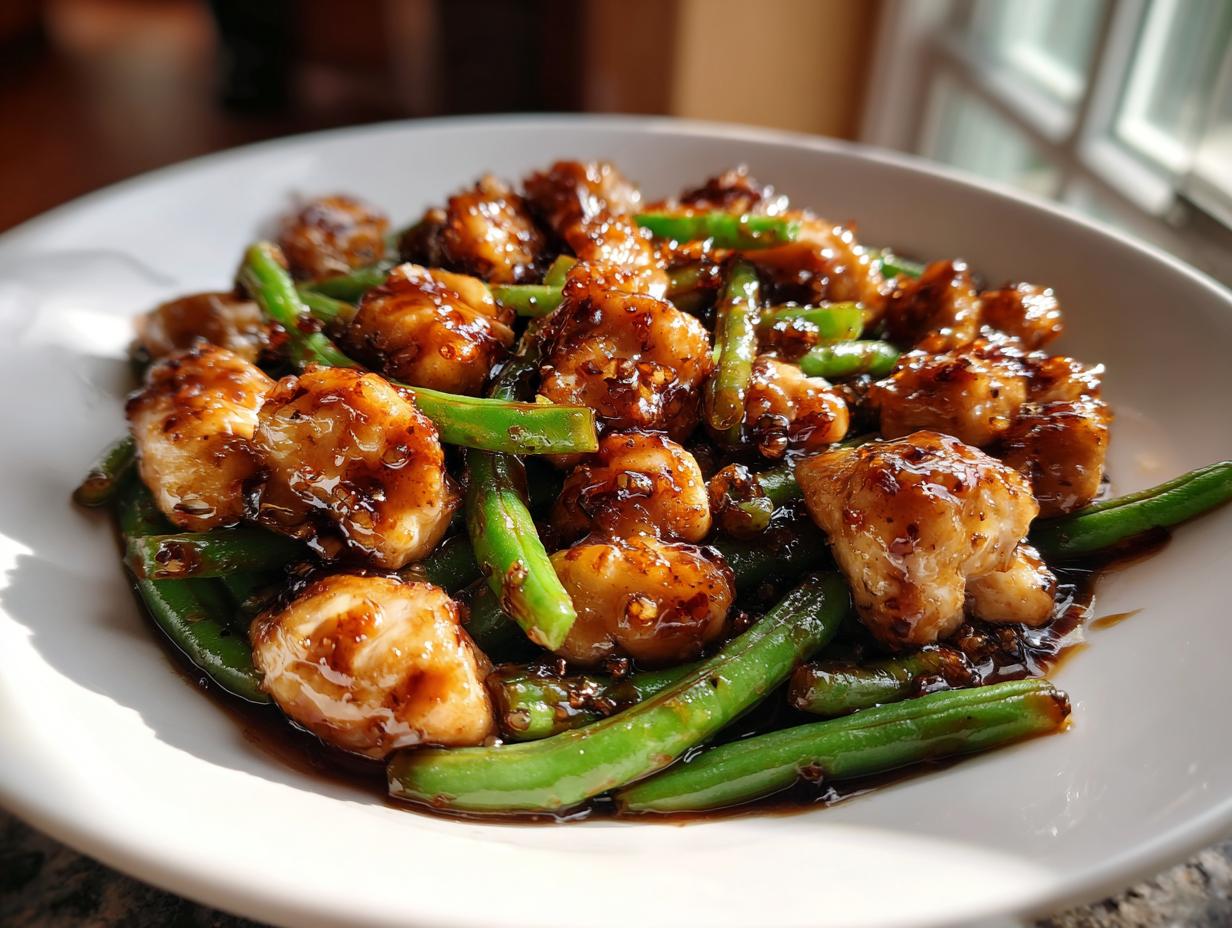 Close-up of bite-sized pieces of chicken coated in a dark, glossy sauce mixed with bright green beans in a white bowl, featuring the chicken and green beans.
