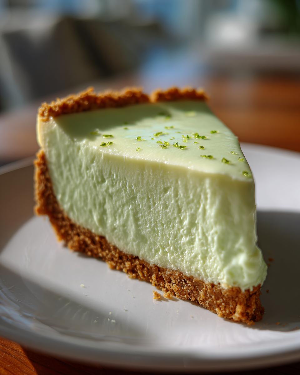 A perfect slice of creamy key lime cheesecake with a graham cracker crust, topped with lime zest.