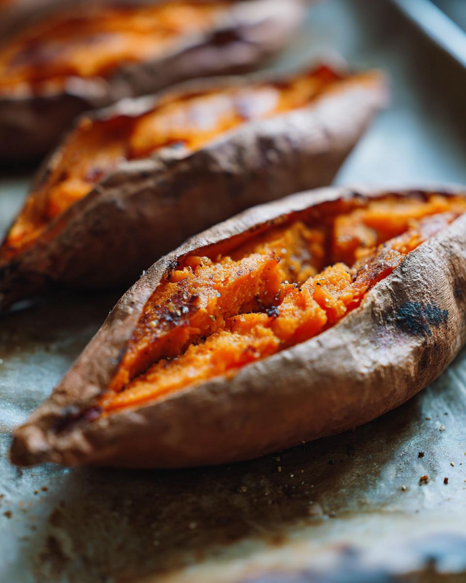 Close-up of a perfectly baked sweet potato, split open to show the fluffy, bright orange interior.