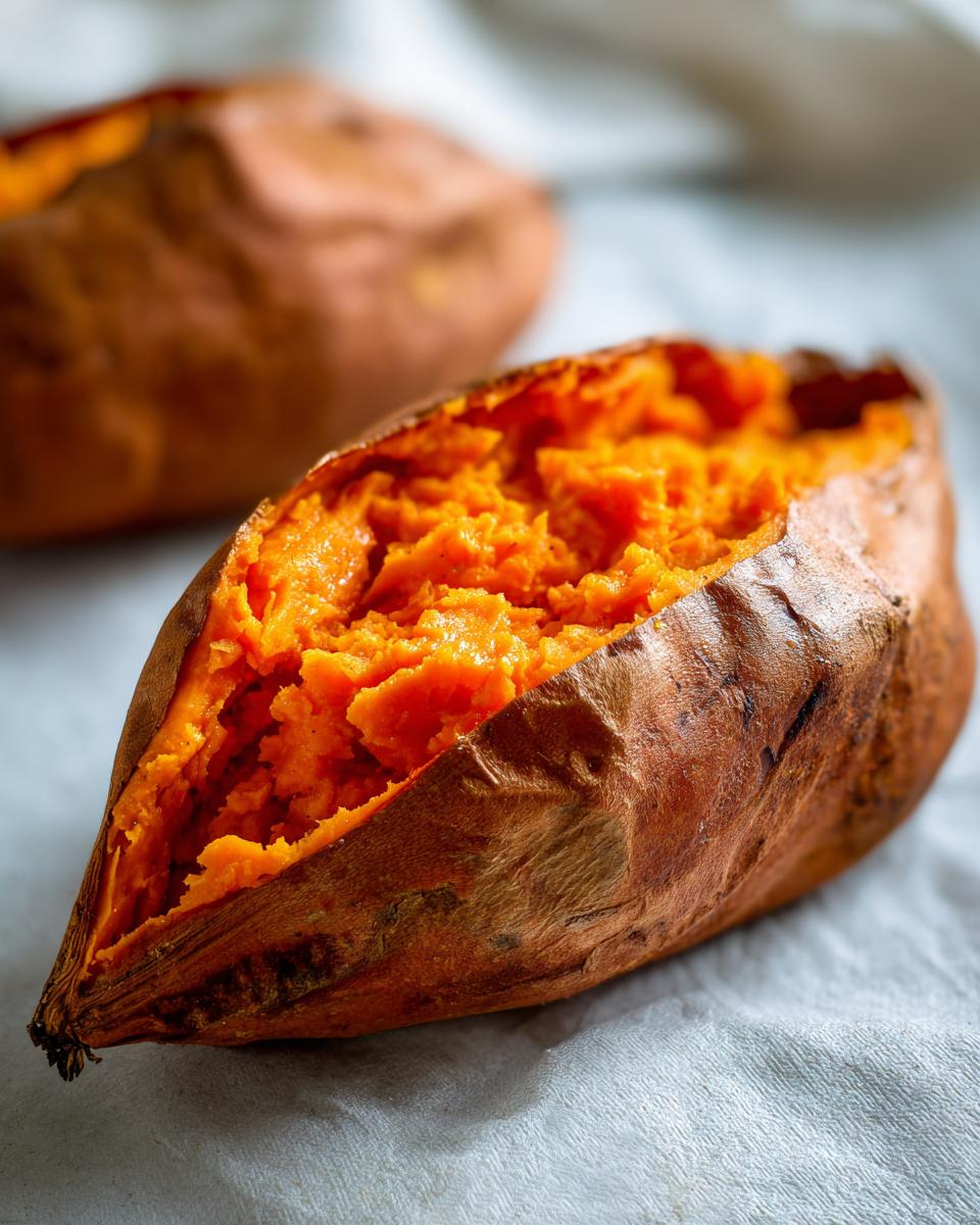 Close-up of a perfectly baked sweet potato split open, revealing fluffy, bright orange flesh.