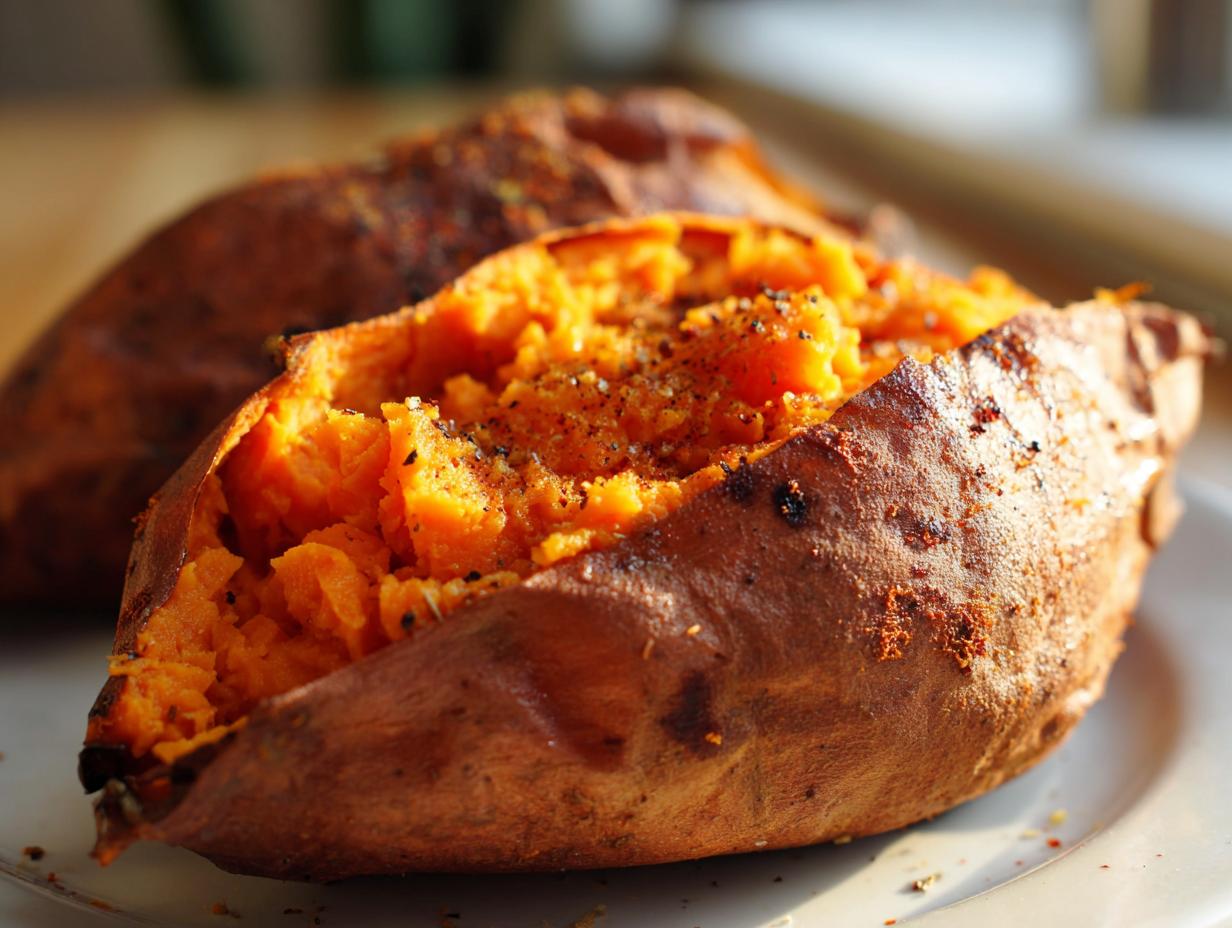 Close-up of a perfectly baked sweet potato split open, showing fluffy orange flesh seasoned with pepper.