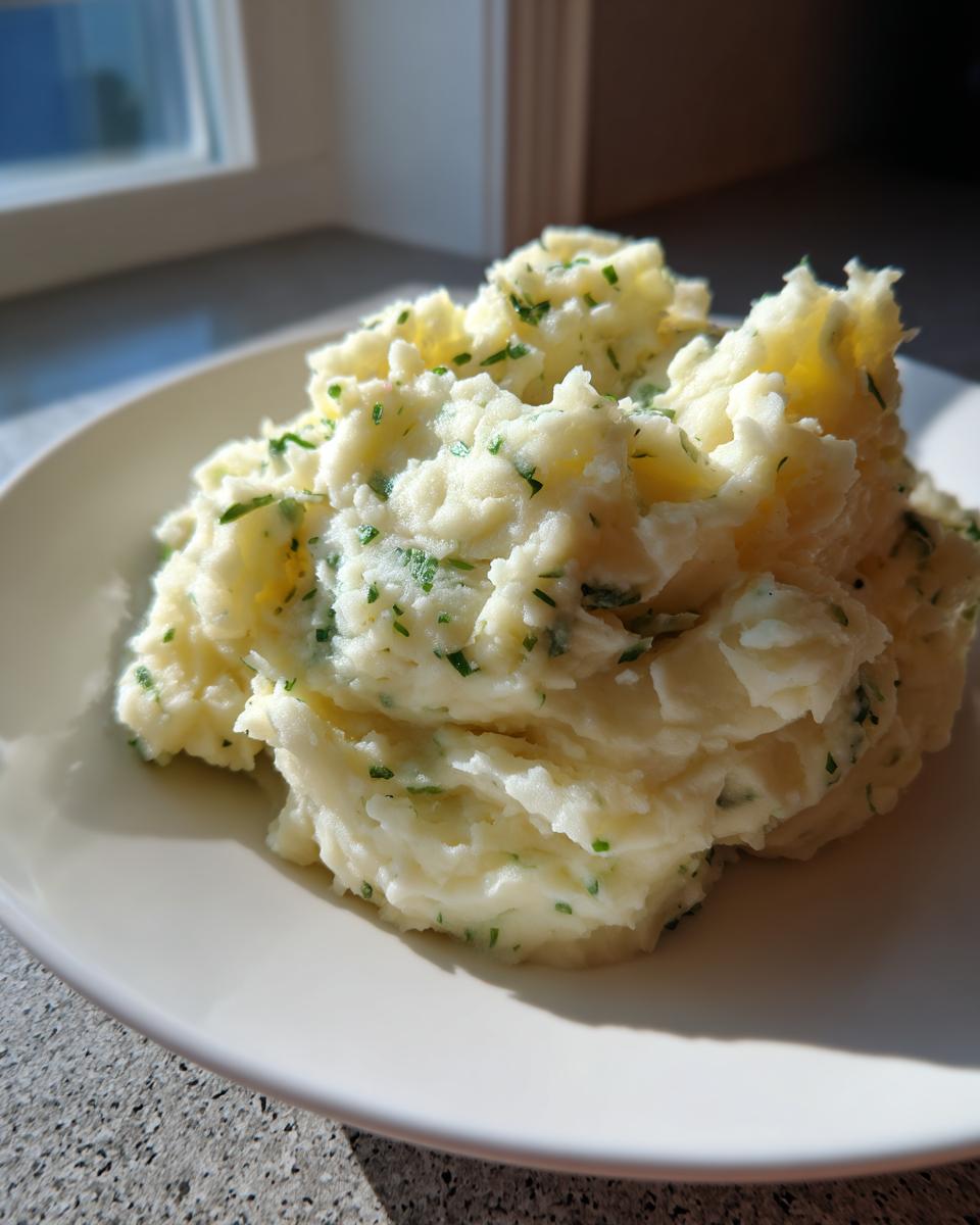 A mound of creamy, fluffy boursin mashed potatoes garnished with fresh green chives on a white plate.
