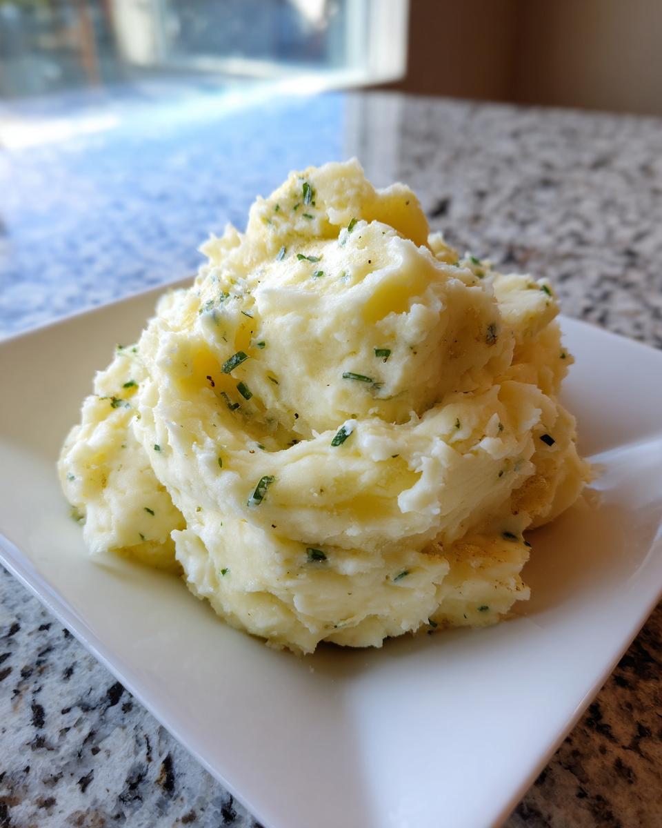 A generous serving of creamy Boursin mashed potatoes topped with fresh green chives on a white square plate.