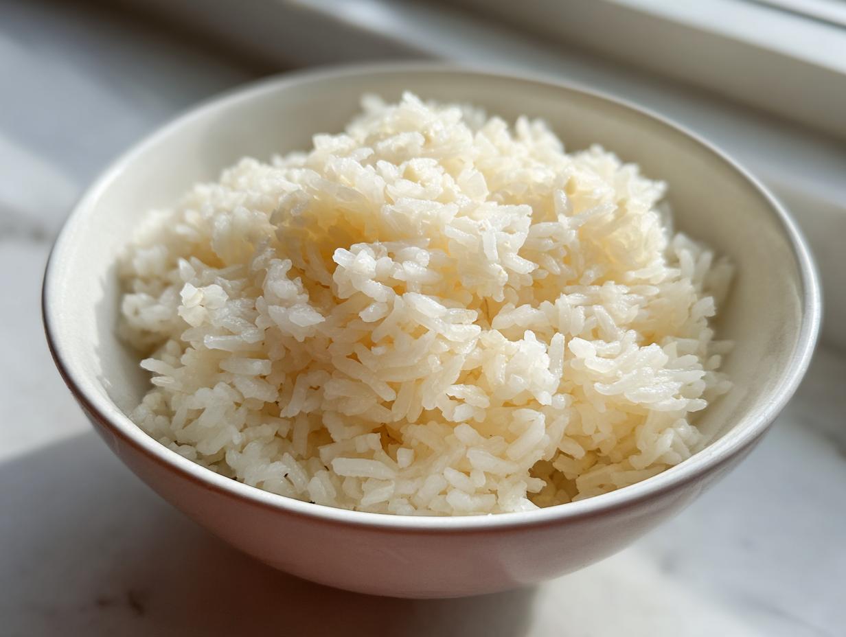 A close-up of a white bowl filled with fluffy, perfectly cooked butter rice, highlighted by natural sunlight.