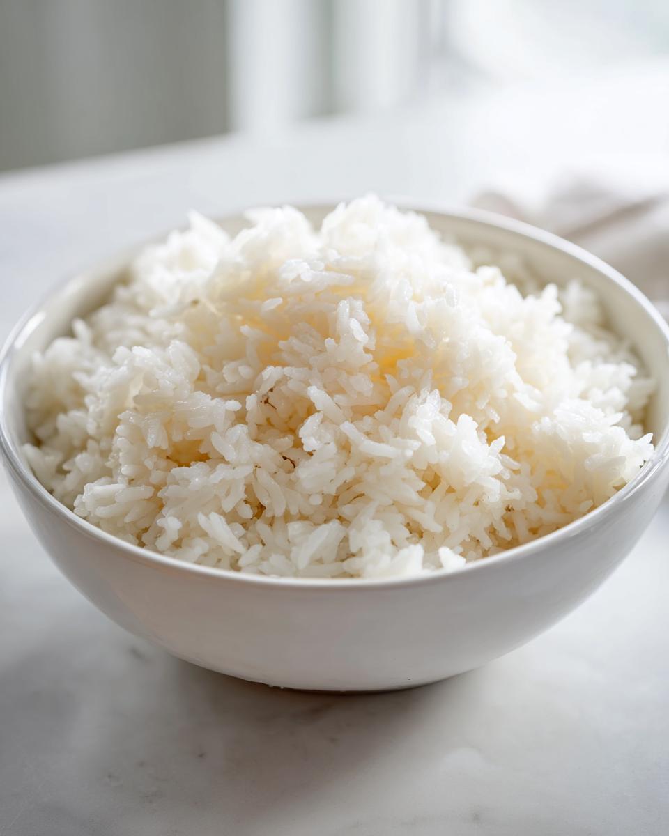 Close-up of a white bowl filled with perfectly cooked, fluffy white rice, ready for the butter rice recipe.
