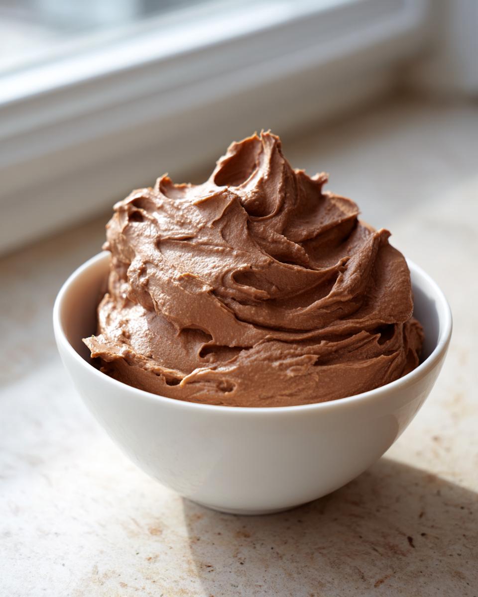 A close-up of fluffy, swirled chocolate dip in a small white bowl, highlighted by natural light.